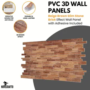 3D Wall Panels with Adhesive - 6 Sheets, 96 x 48 cm each, Covers 2.76 sqm - PVC Cladding with Beige Brown Slim Stone Brick