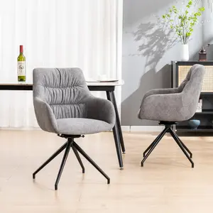 Eva Modern Velvet Dining Chair Swivel Padded Seat w Arms Metal Leg Kitchen (Grey)