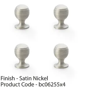 4 PACK - Reeded Ball Door Knob - 25mm Diameter Satin Nickel Lined Cupboard Pull Handle