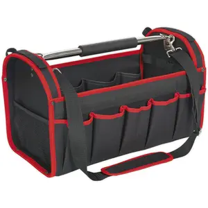 Durable Red Open Tool Bag with Multiple Pockets and Rigid Base