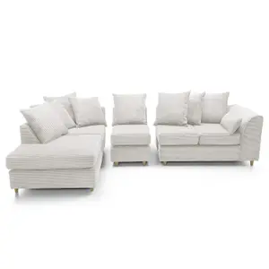 Jumbo Large White Cord Left Facing Corner Sofa for Living Room with Thick Luxury Deep Filled Cushioning