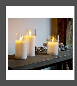 3 Glass LED Candles With Timer Warm White Candle Lights Realistic 10cm Wide