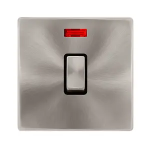 Brushed Steel Screwless Plate 1 Gang 20A Ingot DP Switch With Neon - Black Trim - SE Home