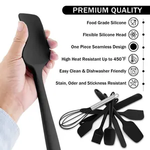 15 Pieces Set, Silicone Spatulas Kitchen Utensils For Cooking Baking Mixing, Non Stick & Heat Resistant Rubber Kitchen Tools With Holder, Healthy & One Piece Design, Black Black