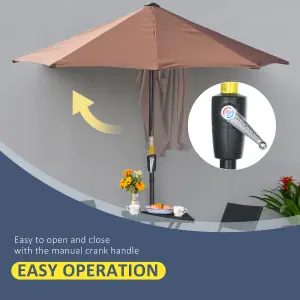 Outsunny 2m Half Parasol Market Umbrella Garden Balcony Parasol with Crank Handle, Cross Base, Double-Sided Canopy, Coffee