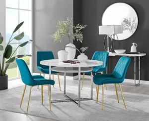 Adley White High Gloss and Chrome Round Dining Table with Storage Shelf and 4 Blue Velvet Gold Leg Pesaro Dining Chairs