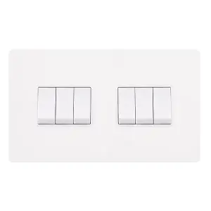 White Metal Screwless Plate 10A 6 Gang 2 Way   Light Switch - White Trim - SE Home