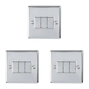 3 PACK 3 Gang Triple Metal Light Switch POLISHED CHROME 2 Way 10A White Trim