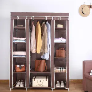 Fabric Canvas Wardrobe Organizers Clothes Rail Shelves Storage Closet Triple - Brown