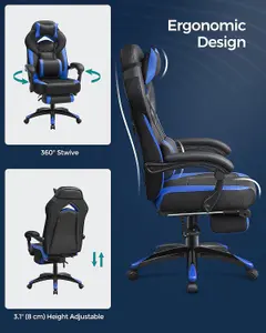 SONGMICS Gaming Chair, Office Racing Chair with Footrest, Desk Chair, Ergonomic Design, Lumbar Support,Black and Blue