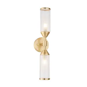 Satin Brass Twin Wall Light & Ribbed Glass Shades - Frosted Glass Inner Defusers