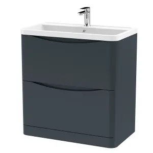 Floor Standing 2 Drawer Vanity Basin Unit with Polymarble Basin, 800mm - Soft Black