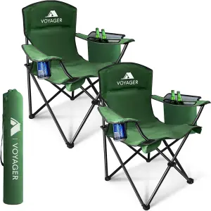 Voyager Folding Camping Chairs 2 Pack with Cooler Bag, Lightweight Q195 Steel Frame, 600D Oxford Fabric, Portable - Green