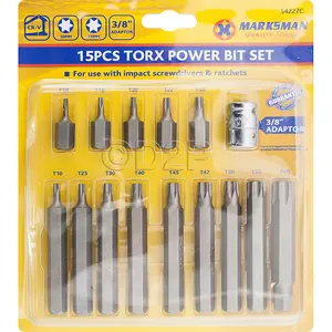 15pc Hex Allen Key Power Bit Set 30 & 75mm Long Torx Star Hex + 3/8 Inch Square Sock