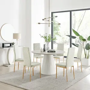 Furniturebox Palma Beige Stone Effect Round 4-6 Seater Pedestal Dining Table & 6 Cream Velvet Milan Gold Leg Chairs