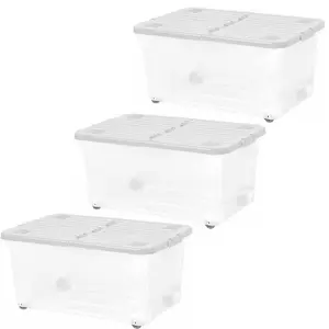 3 x 45 Litre Strong Stackable Folding Split Lids Storage Containers Home Office Versatile Containers With Wheels