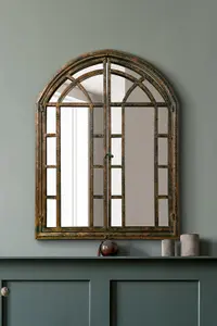 MirrorOutlet The Kirkby Dark Metal Rustic Framed Arched Wall Mirror with Opening Doors 78cm x 61cm