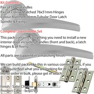 Door Handle & Latch Pack - Satin Chrome - Chunky Curved Arched Lever On Round Rose