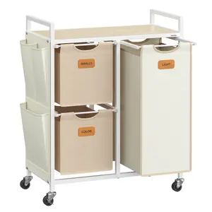 VASAGLE Laundry Hamper with 3 Compartments, 100 L Laundry Sorter, Rolling Laundry Cart with Shelves, Camel Brown and Cream White