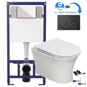 White Round Modern Rimless Wall Hung Pan & Soft Close Seat Bathroom Toilet & 1.12m Concealed WC Cistern Frame Set Black Chrome