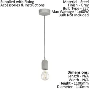 Pendant Ceiling Light Steel Rose Grey Concrete Shade Elegant Bulb E27 1x60W