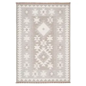 Neutral Beige Brown Geometric Scandi Style Fringed Area Rug 160cm x 230cm