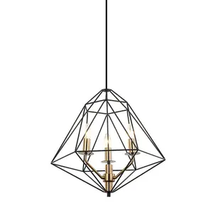 Luminosa Industrial And Retro Hanging Pendant Black, Gold 3 Light  with Black Shade, E14 Dimmable