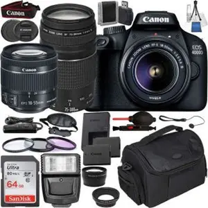 Canon EOS 4000D DSLR Camera With EF-S 18-55mm F/3.5-5.6 III And EF 75-300mm F/4-5.6 III USM Lenses With Starter Accessory Bundle