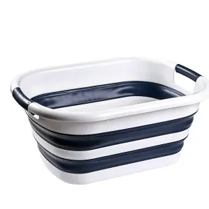 26L Medium Plastic Laundry Basket Oval Shape Foldable, Blue & White