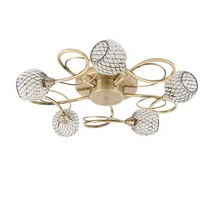 Luminosa Aherne 5 Light Semi flush Antique Brass With Antique Brass Wire, Bead Shade, G9