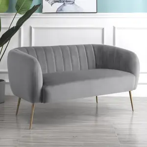 Matilda 137cm Wide Grey Ruched Back Velvet 2 Seat Sofa with Brass Coloured Steel Legs