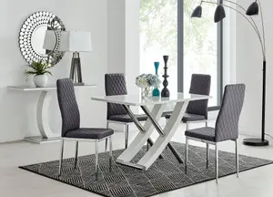 Furniturebox UK Mayfair 4 White High Gloss And Stainless Steel Dining Table And 4 Grey Velvet Milan Chairs