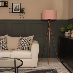 ValueLights Camden Modern Copper Metal Tripod Floor Lamp with Pink Cylinder Shade - Includes 6w LED Bulb 3000K Warm White