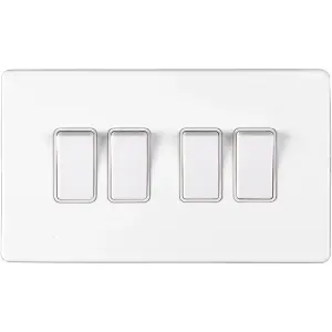 4 Gang Quad Light Switch SCREWLESS MATT WHITE 2 Way 10A Metal Rocker Slim