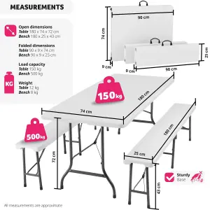 Camping Table and Bench Set - foldable with carry handles - white