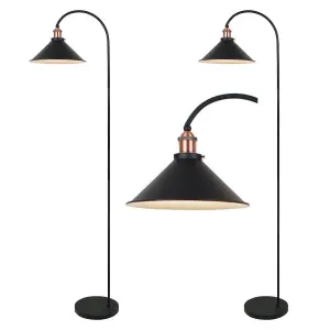 First Choice Lighting Set Of 2 Matt Black With Brushed Copper Floor Lights