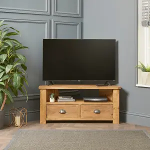 Corner TV Stand with Drawers  Made From Solid Wood - 80cm Rugger Brown Finsh