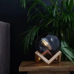 ValueLights Cruz Smoked Effect Glass Globe Bedside Table Lamp on a Wooden Frame Base - Includes 4w LED Filament Bulb In Warm White