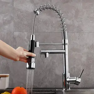 Pull-Down Kitchen Tap Chrome Finish Swivel Spout Mixer Tap Dual Spout Faucet