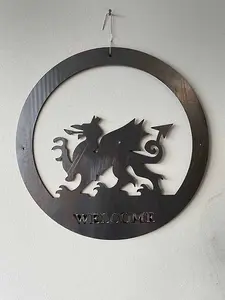 Welsh Dragon Welcome Wall Art - Large - Steel - W49.5 x H49.5 cm - Bare Metal/Ready to Rust