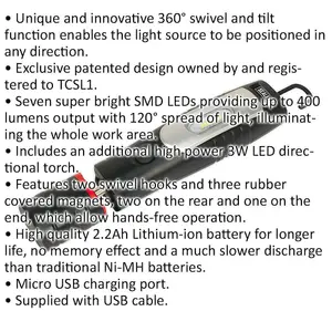 Swivel Inspection Light - 7 SMD LED & 3W SMD LED - Rechargeable - Black