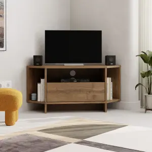 Decortie Modern Viva Corner TV Unit Shelf up to 40 Inch TVs Push to Open Storage Cabinet, 3 Open Shelf 95.7(W)cm Dark Oak Effect