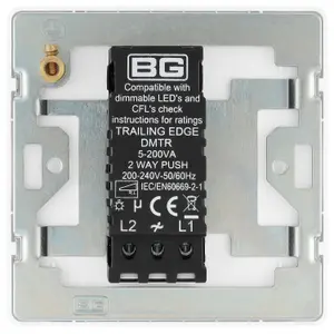 BG Evolve 200W Single Dimmer Switch, 2 Way, Screwless, Brushed Steel