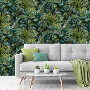 Grandeco Painted Leaves Tropical Vista Wallpaper, Green Teal