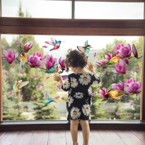 Pink Magnolia Flowers with Birds Spring Window Clings