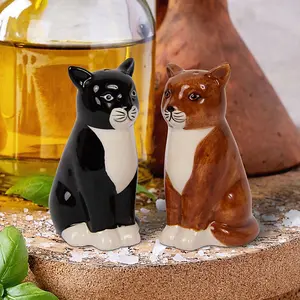 Salt & Pepper Set Cat Shape Shaker Pots Animal Farm Theme Ceramic Novelty Gift