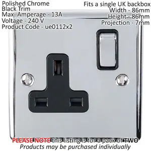 2 PACK 1 Gang Single UK Plug Socket POLISHED CHROME 13A Switched Black Trim