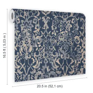 Next Majestic damask Navy Metallic effect Smooth Wallpaper