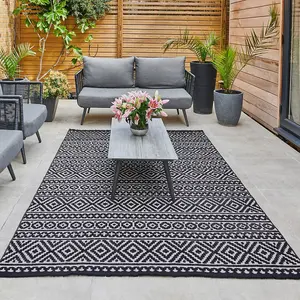 Black Outdoor Rug, Geometric Stain-Resistant Rug For Patio Decks, 3mm Modern Outdoor Luxurious Area Rug-160cm X 220cm