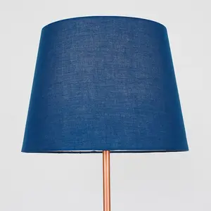 ValueLights Modern Standard Floor Lamp In Copper Metal Finish With Navy Blue Tapered Shade - With LED GLS Bulb in Warm White